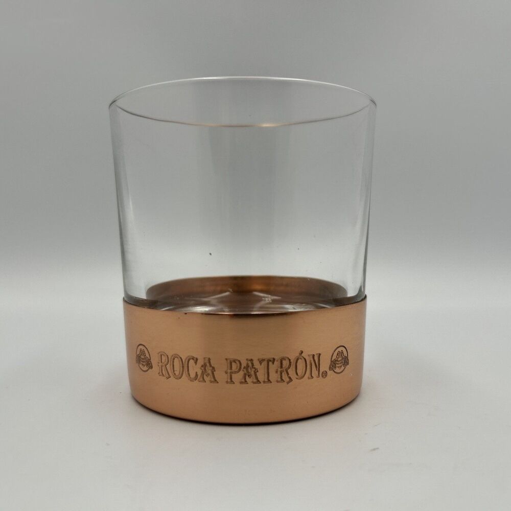Roca Patron Logo Cooper Botton Ball Tequila Rocks Glass